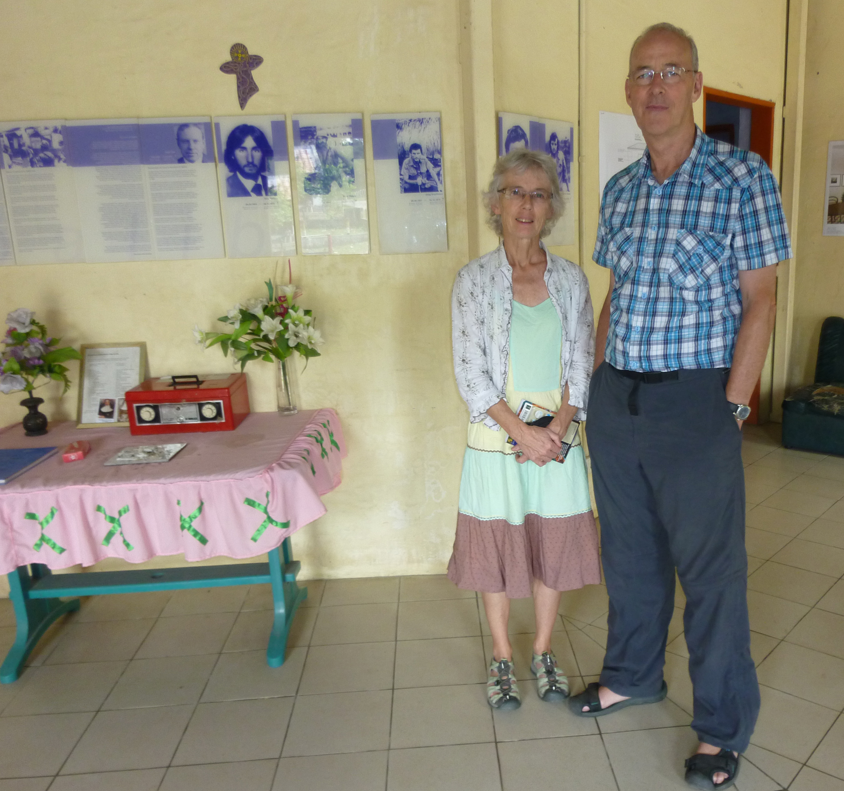 Pat and Pip in Balibo, at the house where five journalists (three Aussies, a Kiwi and a Brit) were murdered by invading Indonesian forces in 1975. The house is now a memorial.